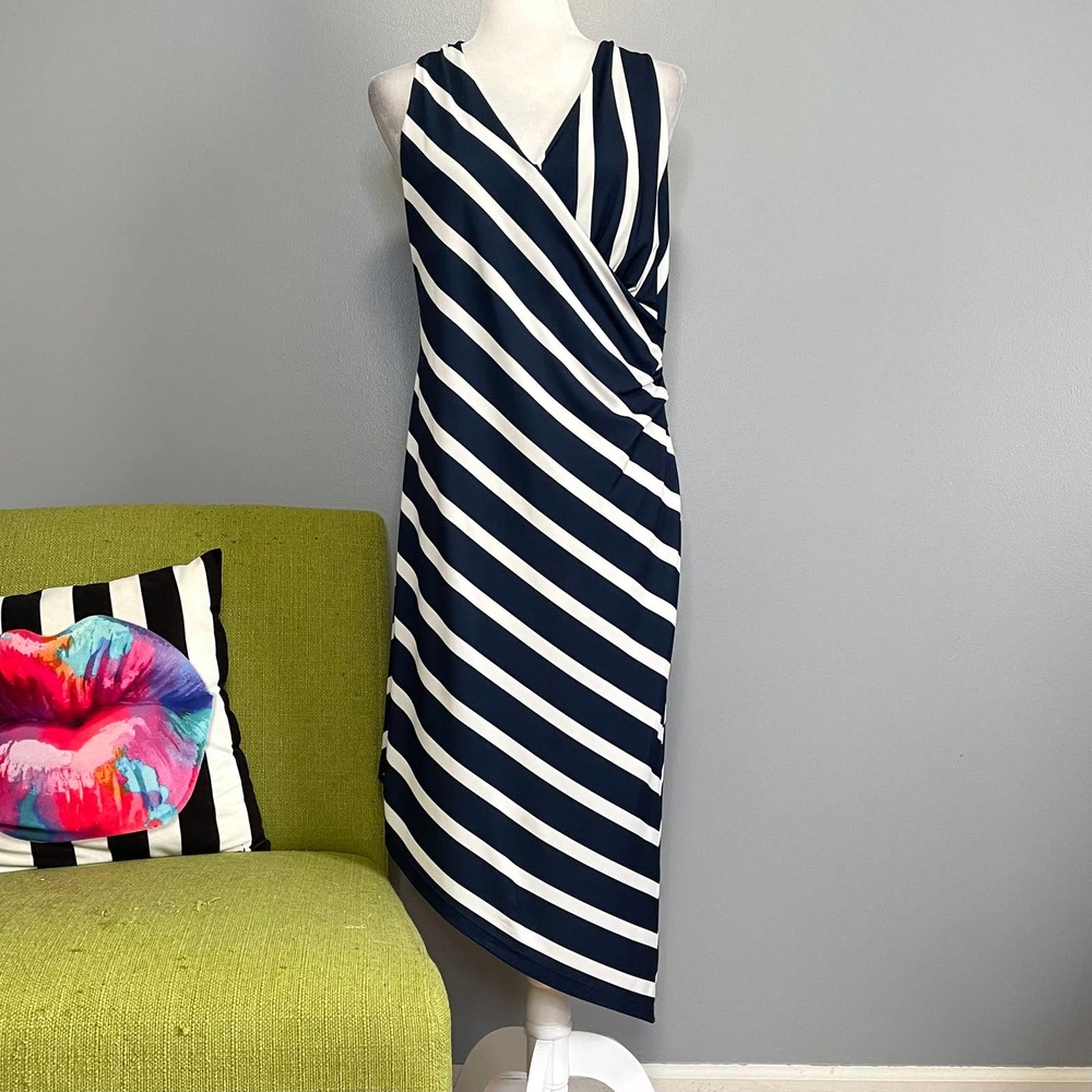 Venus Blue White Striped Asymmetrical Hem Sleeveless Dress Medium